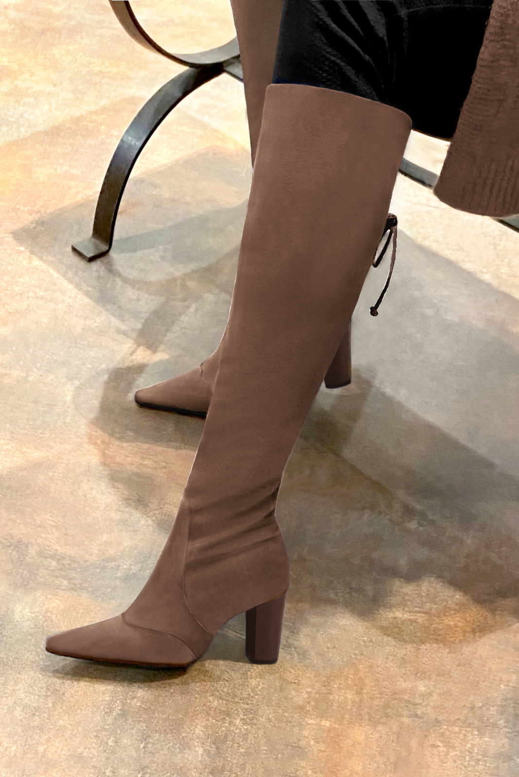 Chocolate brown women's knee-high boots, with laces at the back. Pointed toe. High block heels. Made to measure. Worn view - Florence KOOIJMAN
